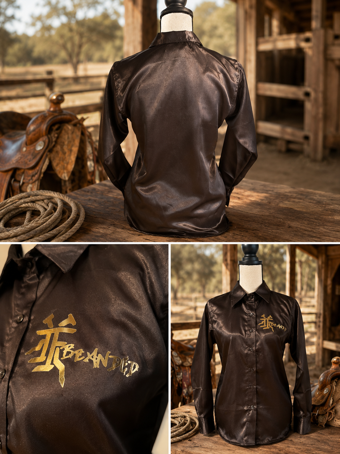 BLACK SATIN W/IF Branded LOGO in Gold | Satin Western Show Shirt