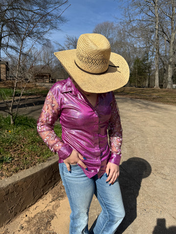 Purple Shimmer W/Mesh Sleeves Western Shirt