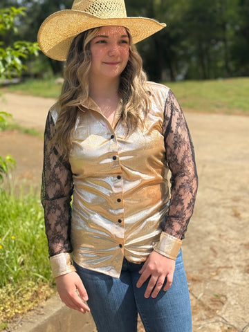 GOLDEN FOIL SHIMMER W/Mesh Black Sleeves Show Shirt