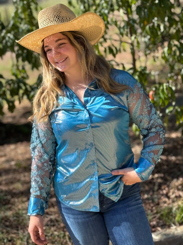 Teal Me Pretty | Western Show Shirt With Mesh Sleeves